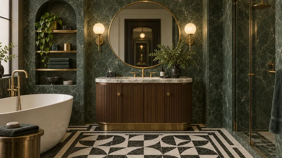 Bathroom in green marble with brass fittings