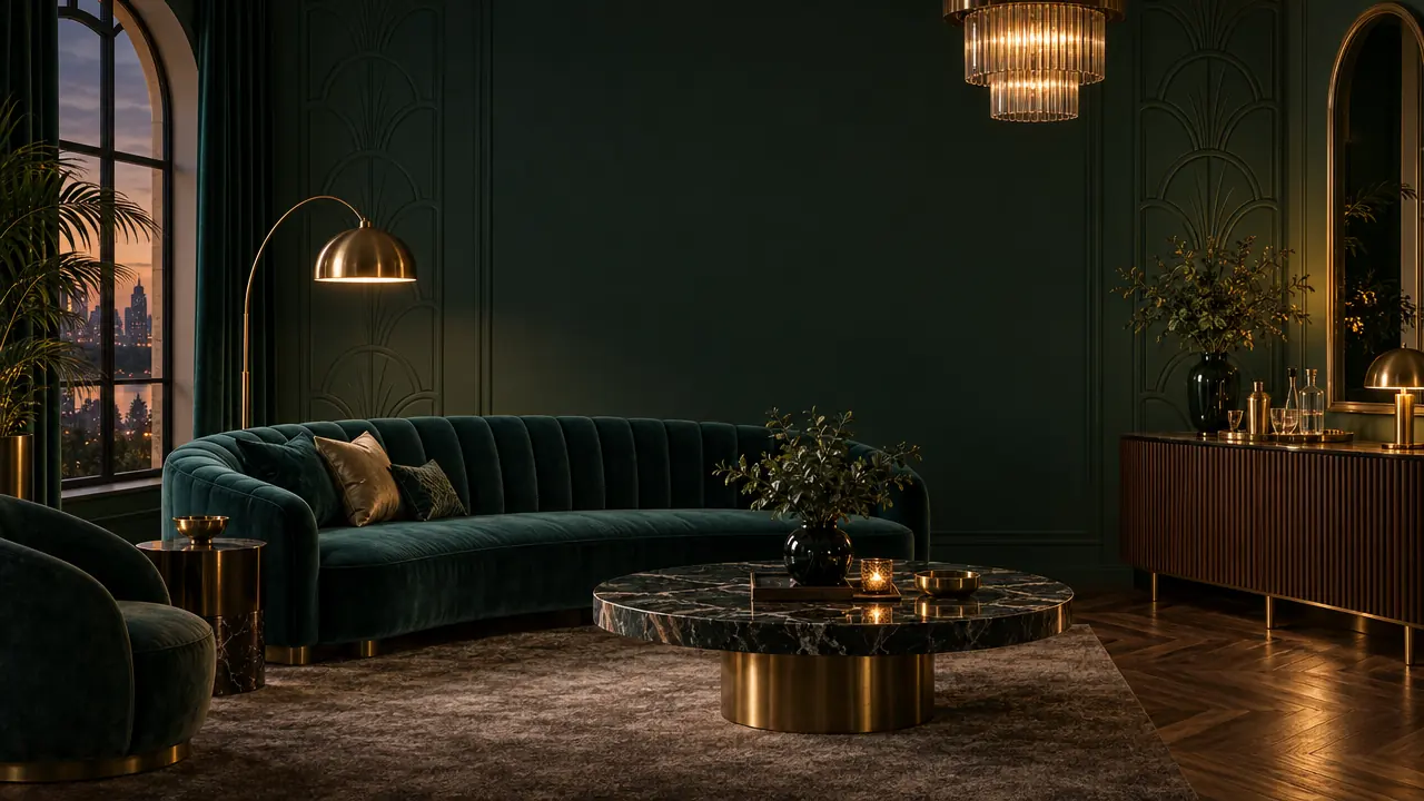 A moody emerald living room with brass and velvet